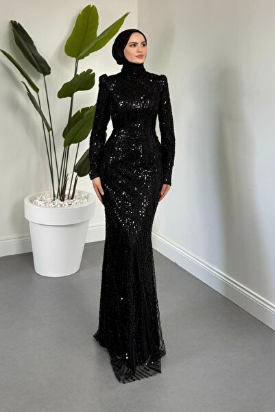 MERVEN AKYÜZ Mervena Korseli Arkası Büzgülü Taş İşlemeli Abiye Siyah