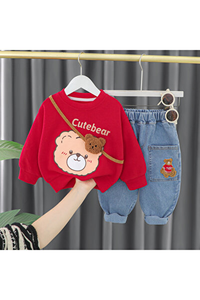 nannie Cute Bear Red Blouse and Blue Pants Set - 2-3 years