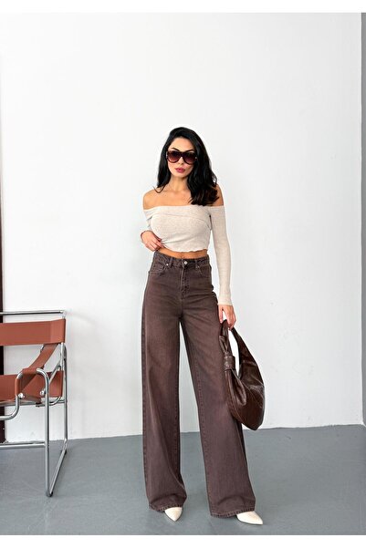 Zeo Basic Women's Brown Grinding Baggy Jean High Waist Wide Leg Jeans