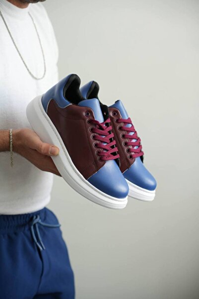 Lucy Shoes Yg-1961 Men's Lace-Up Casual Leather Fan Shoes Cbt- Burgundy/Blue