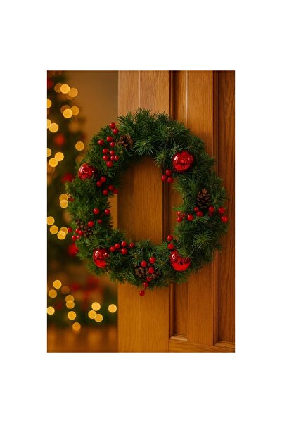 AyrStore Yılbaşı Kapı Süsü Kapı Çelengi 30 x 30 Cm Yılbaşı Kozalaklı Lüks Çelenk