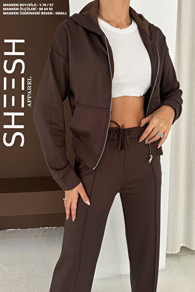 SHEESH APPAREL Soft Textured Brown Modal Suit Bottom Palazzo Top Zippered Crop Sweatshirt Hoodie