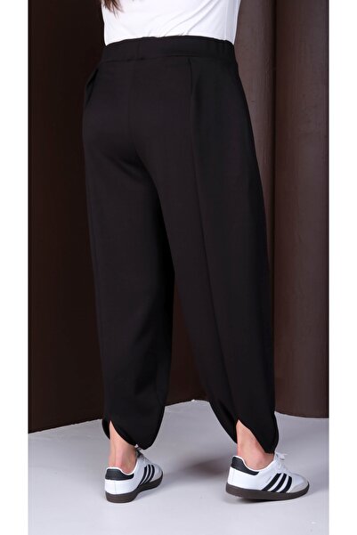 Şans Women's Plus Size Black, Leg Detail, Pleated, Pocketed Sports Pants 65N39269