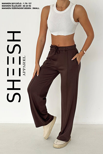 SHEESH APPAREL Φούτερ με απαλή υφή καφέ φαρδύ πόδι Modal Çimalı παντελόνι palazzo