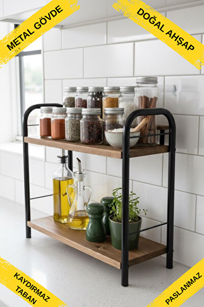 METALİZ YENİLİKÇİ TASARIMLAR 2 Katlı Ahşap ve Metal Baharat Rafı Tezgah Üstü ...