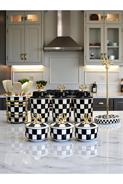 ferayhome Mutfak Çeyiz Seti 104 Kahvaltılık Baharatlık Kaşıklık Havluluk Siyah Damalı Desen Gold