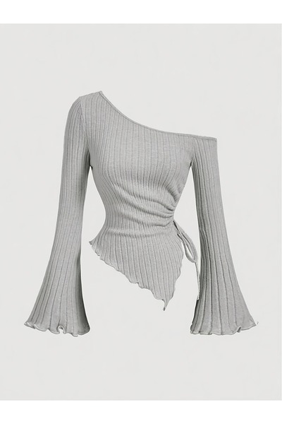 Marin Star Γυναικεία γκρι ασύμμετρη πλεκτή μπλούζα με έναν ώμο με λεπτομέρεια με ισπανικό κορδόνι στο μανίκι