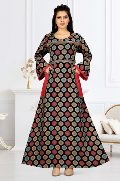 Zainah Luxury Jacquard Motif Jallabiya / Kaftan Maxi Dress | Round Neck, Cont...