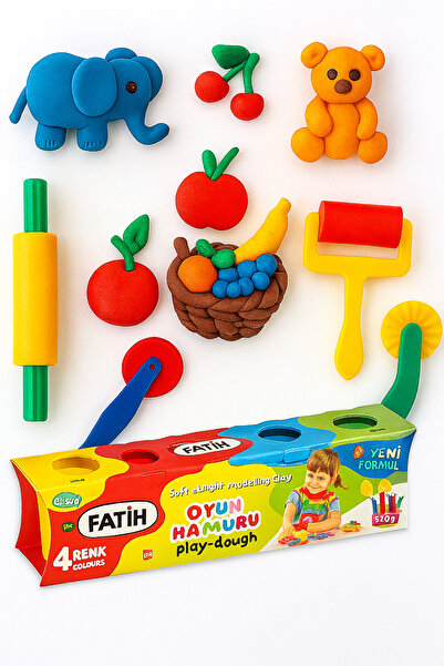 Fatih Oyun Hamuru 4 Renk 520 Gr & 5'Li Merdane Bıçak Silindir Oklava Oyun Hamuru Şekillendirme Seti