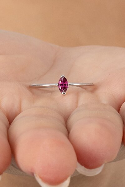Söğütlü Silver 925 ayar gümüş yüzük rodyumlu markiz kesim fuşya taşlı ayarlam...