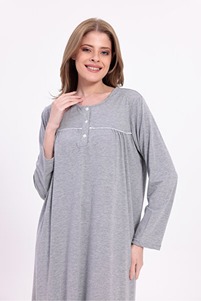 Yulem Homewear Women's Gray Piped Cotton Long Sleeve Plus Size (Oversize) Nightgown