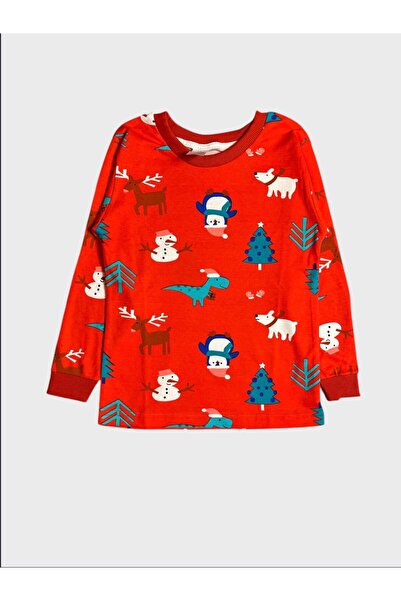 ALİŞ KİDS Set de pijamale cu mâneci lungi pentru băieți, bumbac 100% piese, cu tematică de Anul Nou, cu ren roșu, om de zăpadă, pin