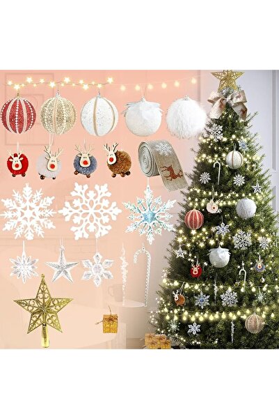 Generic مجموعة زينة شجرة عيد الميلاد من 30 قطعة ديكور خشبية منحوتة معلقة مع نجوم ورقاقات ثلج ورنة