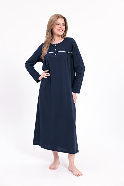 Yulem Homewear Women's Navy Blue Piped Cotton Long Sleeve Plus Size (Oversize) Nightgown