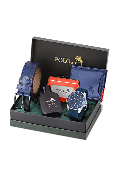 Polo Air Erkek Kol Saati Kemer Cüzdan Kartlık Parfüm Hediyelik Kutusunda Gümü...