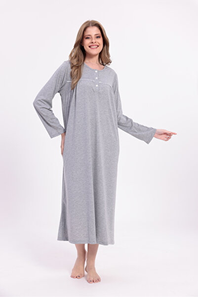 Yulem Homewear Women's Gray Piped Cotton Long Sleeve Plus Size (Oversize) Nightgown