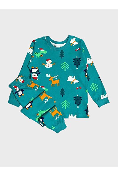 ALİŞ KİDS Girls' 100% Cotton Green Deer Snowman Pine New Year Themed Long Sleeve Pajama Set