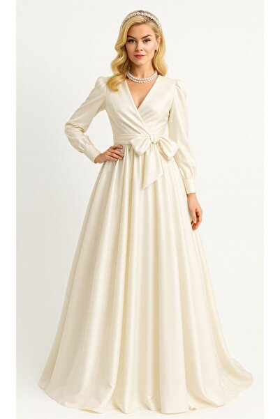 ALYEL NAKER Double-Breasted Detailed & Balloon Sleeve White Maxi American Sat...