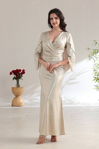 Verona Trading Company Long gold evening dress with a wrap design, butterfly sleeves, and a Draped back.