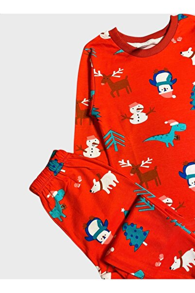 ALİŞ KİDS Set de pijamale cu mâneci lungi pentru băieți, bumbac 100% piese, cu tematică de Anul Nou, cu ren roșu, om de zăpadă, pin