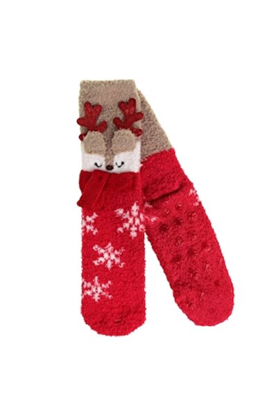 OEM Fluffy red Christmas socks 3D with reindeer pattern, non-slip sole, size 36-42
