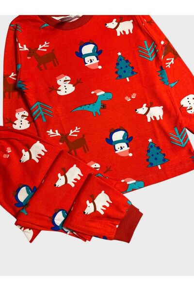 ALİŞ KİDS Girls' 100% Cotton Red Deer Snowman Pine New Year Themed Long Sleeve Pajama Set