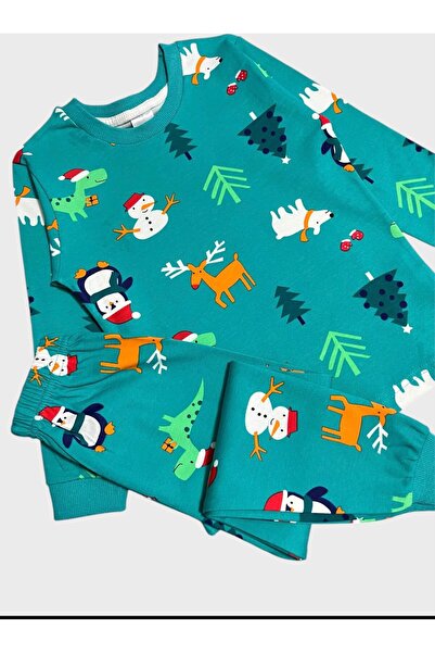 ALİŞ KİDS Boys' 100% Cotton Green Deer Snowman Pine New Year Themed Long Sleeve Pajama Set