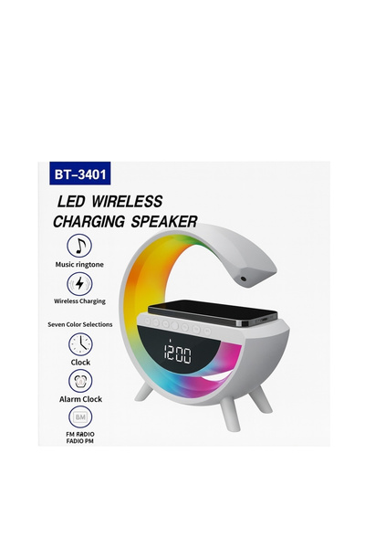 OEM BT-3401 LED speaker with wireless charging, digital clock and alarm, RGB 7 colors