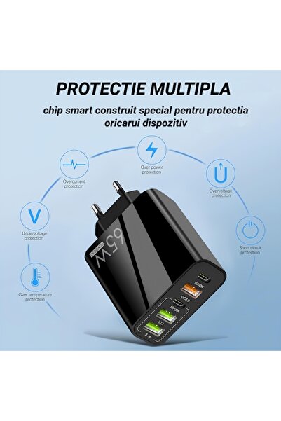 AIM TO POWER Încărcător rapid de perete 65W, 5 porturi (3×USB-C + 2×USB-A), negru