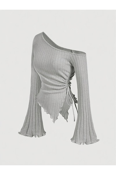 Marin Star Γυναικεία γκρι ασύμμετρη πλεκτή μπλούζα με έναν ώμο με λεπτομέρεια με ισπανικό κορδόνι στο μανίκι