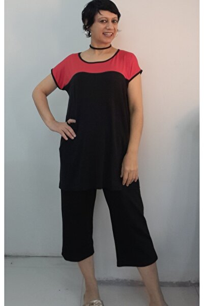 Mertcan Butik Black Pocket Capri Length Size Fits All Red Color Block Low Sleeve Combed Viscose Suit