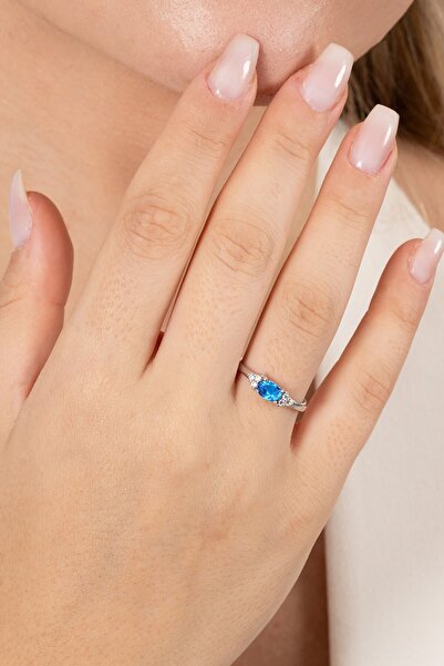 Söğütlü Silver 925 ayar gümüş yüzük rodyumlu oval kesim mavi taşlı ayarlanabi...