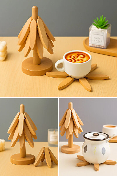 TİNEKE Bamboo Trivet Set with 3 Stands, Heat Resistant Cup and Pot Bottom Folding Trivet