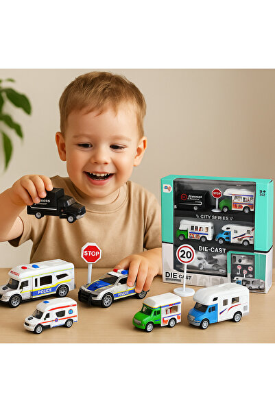 LeanToys Set of 4 1:87 Metal Cars with Friction – Ambulance, Caravan, Delivery Truck and Ice Cream Van