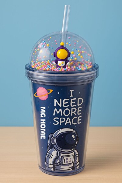 MG HOME Suluk Astronaut with a Straw 🚀   Uzay Design Children's Cup 🚀   Colorful Beaded Lid Water Bottle Flask 600 ml