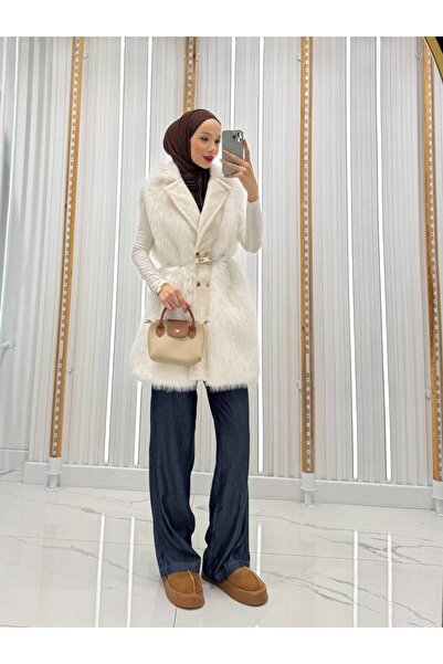 QUMRU Kadın Yaka Detaylı Kemerli Ekru Yelek