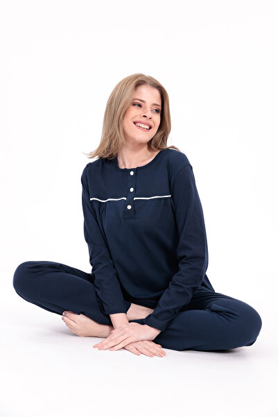 Yulem Homewear Women's Navy Blue Piped Long Sleeve Cotton Plus Size (Oversize) Pajama Set