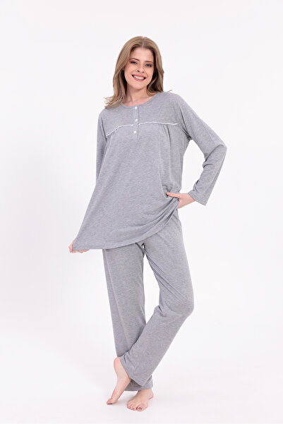 Yulem Homewear Women's Gray Piped Long Sleeve Cotton Plus Size (Oversize) Pajama Set