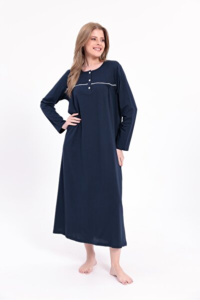 BLACKMORE Women's Navy Blue Plus Size Cotton Buttoned Long Nightgown