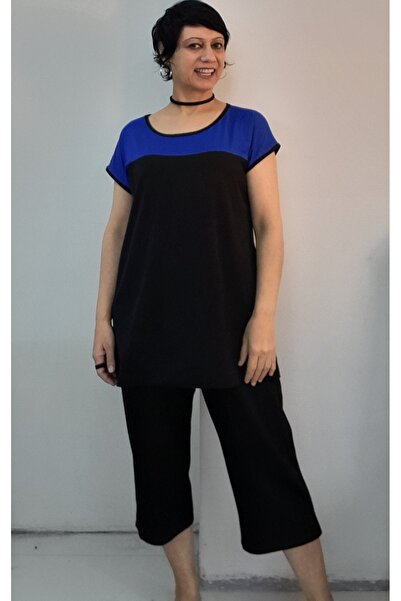Mertcan Butik Black Indigo Blue Color Block Capri Length Size Whole Set Low-Sleeve Combed Viscose Suit