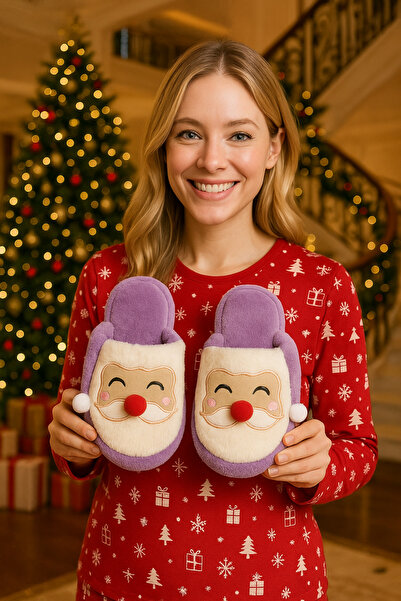 Behtah Kundura Papuci de casă pufosi de Crăciun cu figurină de Moș Crăciun Pa...