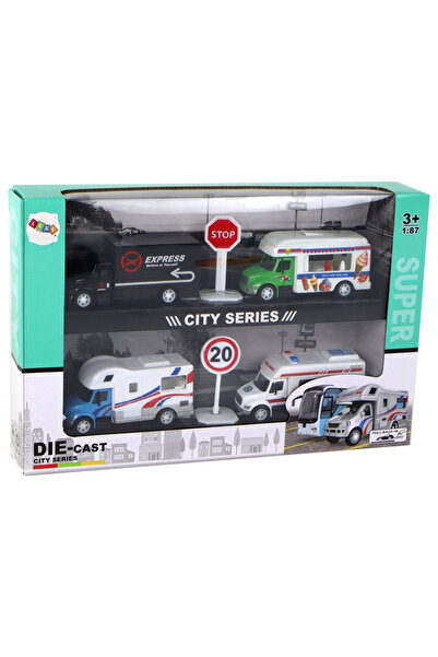 LeanToys Set of 4 1:87 Metal Cars with Friction – Ambulance, Caravan, Delivery Truck and Ice Cream Van
