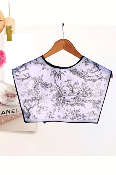 nurfemina Artistic Style Pastoral Patterned Scarf Collar |   Monochrome Toile De Jouy Patterned Special Cut Shoulder Shawl