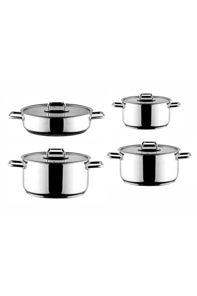 Aryıldız 8-Piece Induction Stainless Steel Cookware Set with Glass Lid 20- 22- 24 cm Deep 24 Shallow Pot