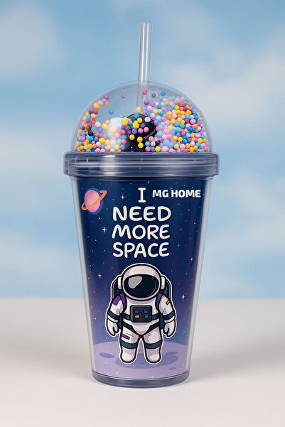 MG HOME Suluk Astronaut with a Straw 🚀   Uzay Design Children's Cup 🚀   Colorful Beaded Lid Water Bottle Flask 600 ml