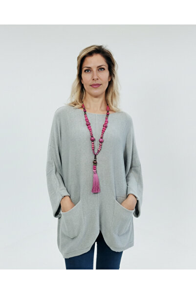 SHOPPEBUTİK Mercerized Cotton Knitwear Tunic Sweater with Pockets - Loose Oversized