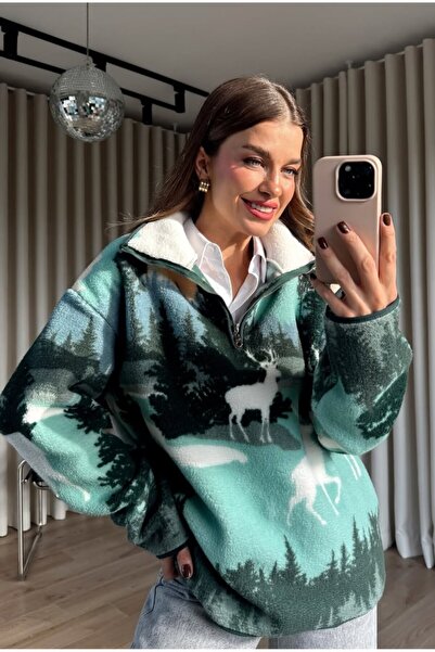 MEECY Φούτερ με μισό φερμουάρ oversized από βελούδινο υλικό