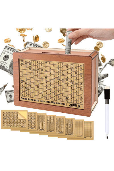 OferteTop Wooden Piggy Bank for Banknotes and Coins with Customizable Planning Sheets