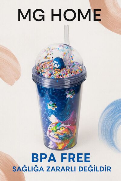 VENON Pipetli Suluk KEDİ 🐾 Tasarım Çocuk Bardak 🐾Renkli Boncuklu Kapak Sulu...