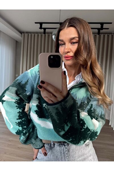 MEECY Φούτερ με μισό φερμουάρ oversized από βελούδινο υλικό